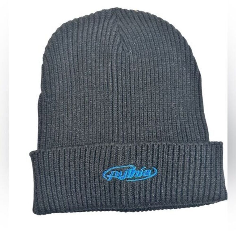 NWOT Pyrhia Unisex Black Knit Beanie with Blue Logo